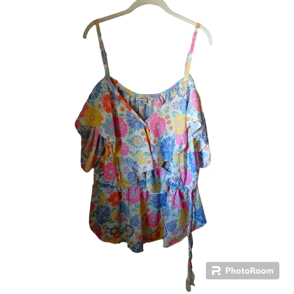 Indulge Instyle Floral Cold Shoulder Tank With Elastic Waist Size 2X